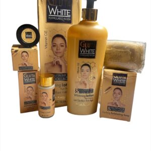 Gluta White Set 4pcs - Gluta White Lotion 500ML, Glutathione & Collagen 50ML, Anti Acne Anti Melasma 15grs, Clarifying Exfoliating Soap 190grs