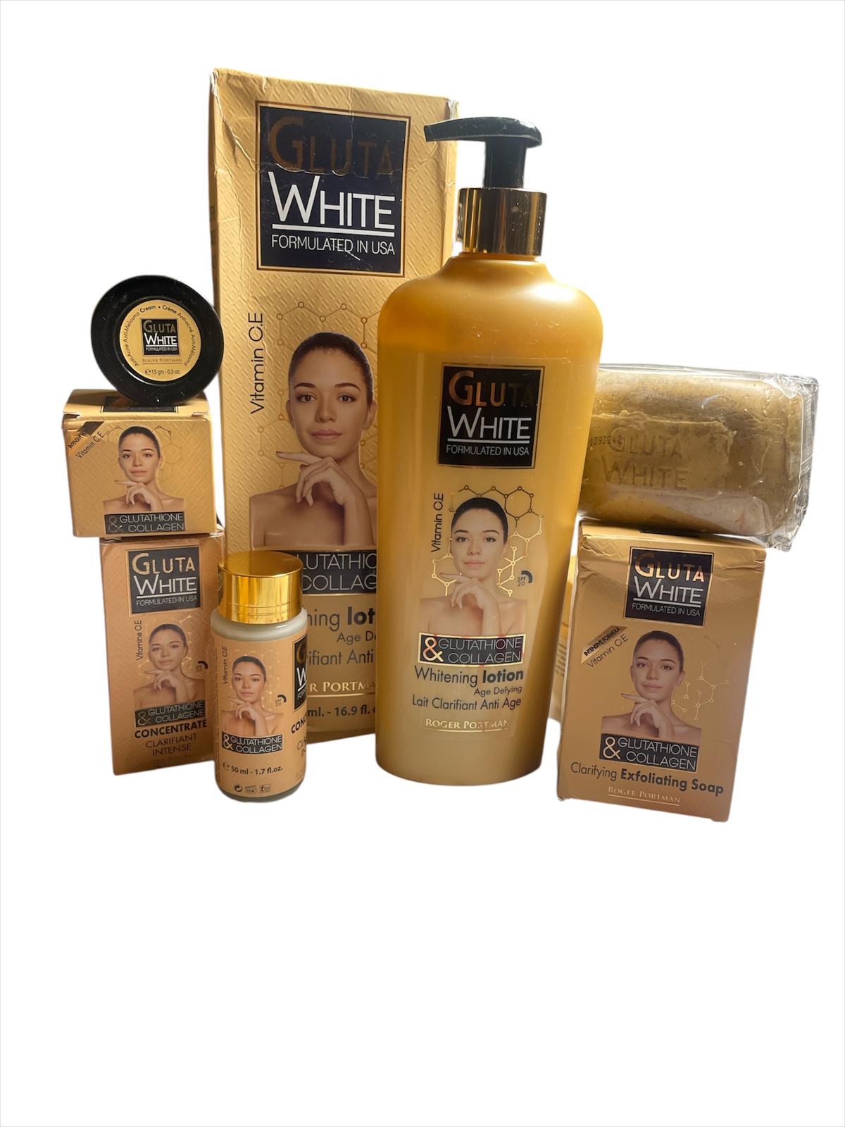 Gluta White Set 4pcs - Gluta White Lotion 500ML, Glutathione & Collagen 50ML, Anti Acne Anti Melasma 15grs, Clarifying Exfoliating Soap 190grs