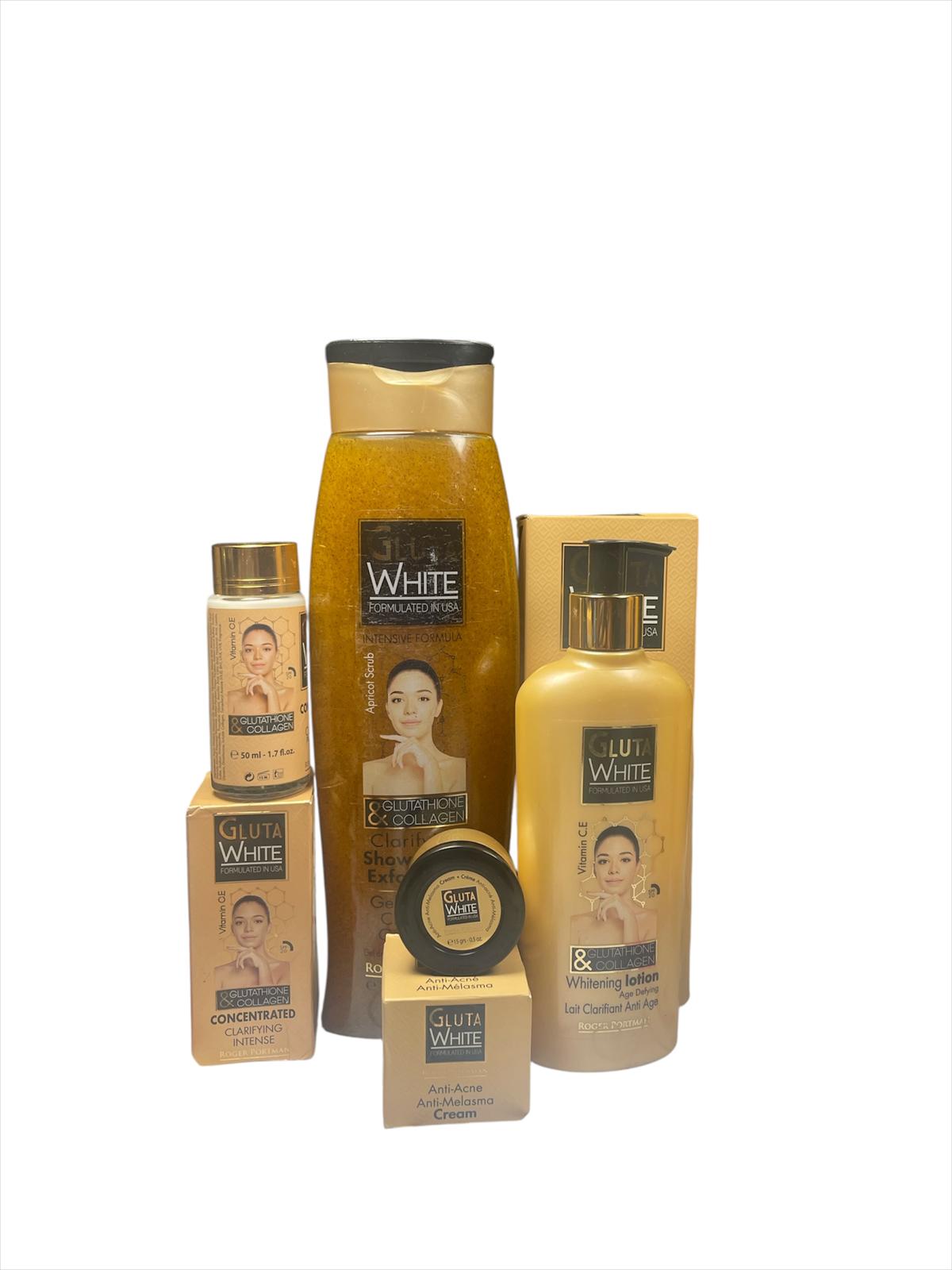 Gluta White Set 4pcs - 700ML Shower Gel, 50ML Collagen, 15g Anti-Acne, 500ML Whitening Lotion - Skincare Bundle